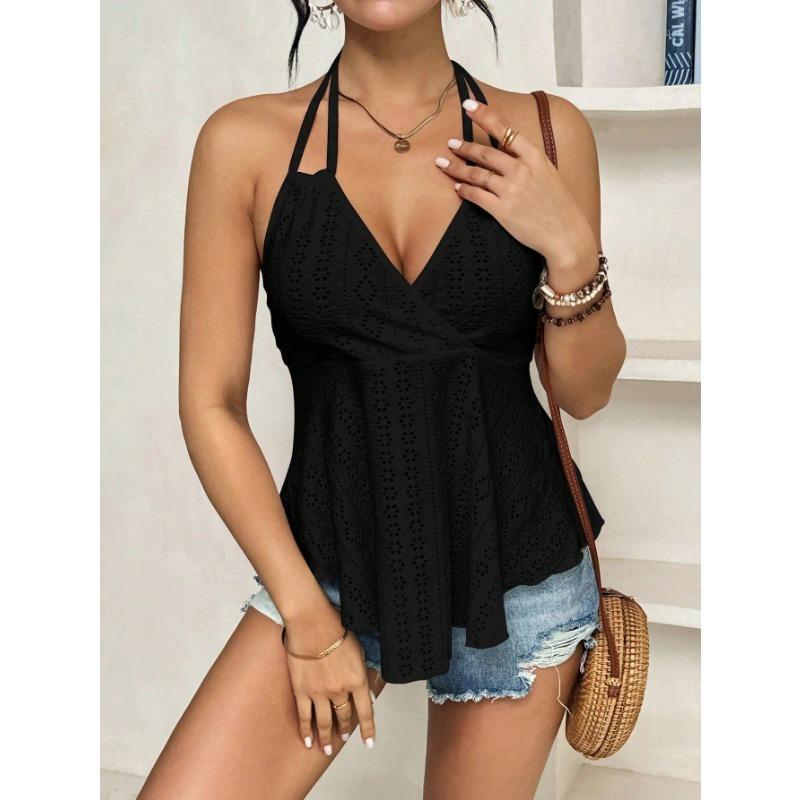 Womens V Neck Wrap Tank Top With Eyelet Embroidery Spaghetti Strap Casual Peplum Sleeveless Blouse