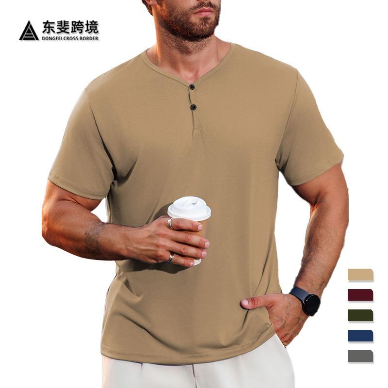 Camiseta Henley Casual para Hombre de Color Sólido con Manga Corta