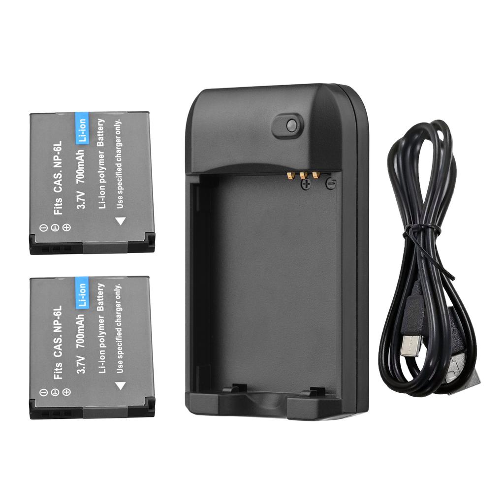 NP-6L Battery r with LED Indicator Light + 2pcs NP-6L Batteries 3.7V 700mAh with USB Charging Cable