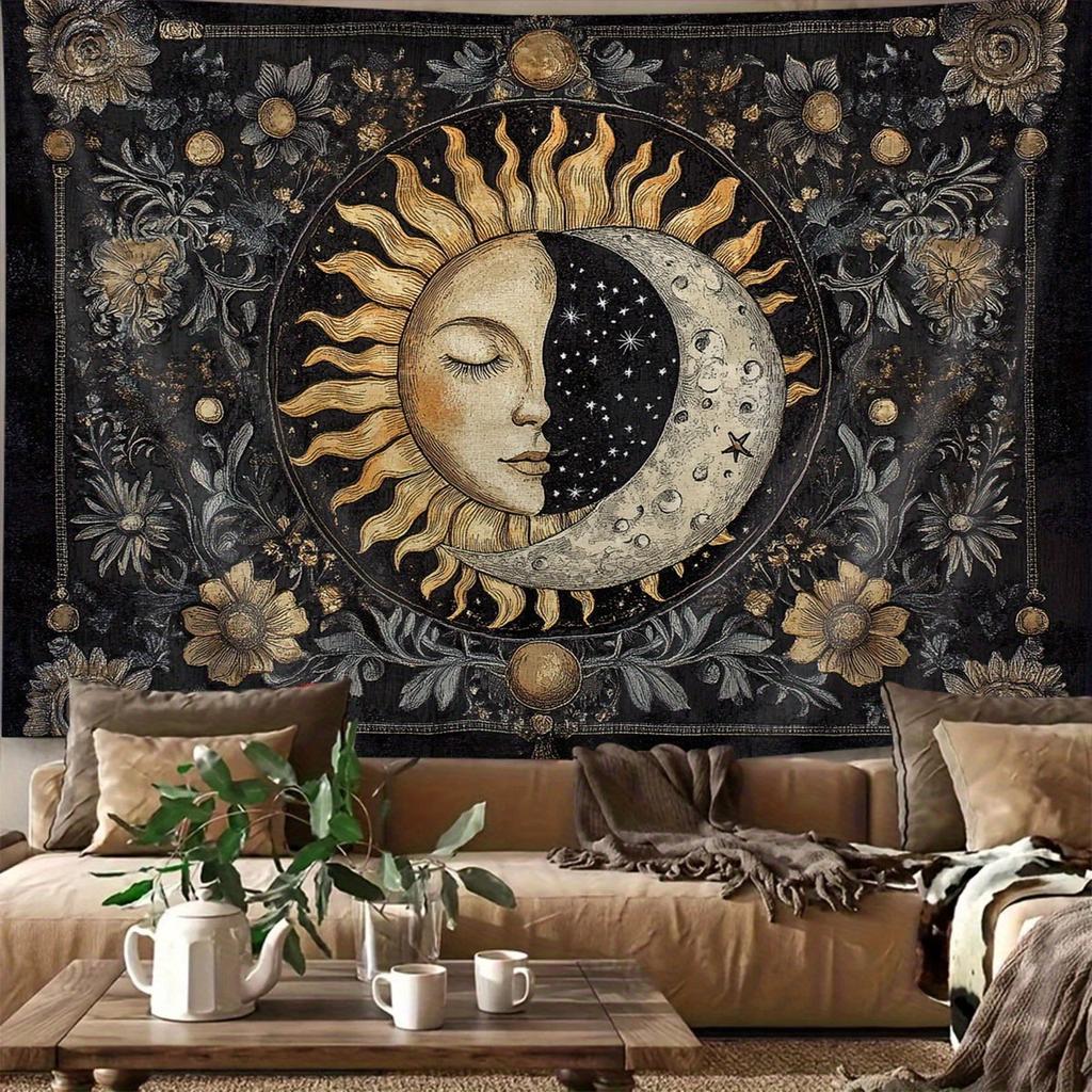 1pc Celestial Sun & Moon Tapestry - Dual Design w/Stars & Floral, Wrinkle-Resistant Wall Hanging for Living Room/Bedroom