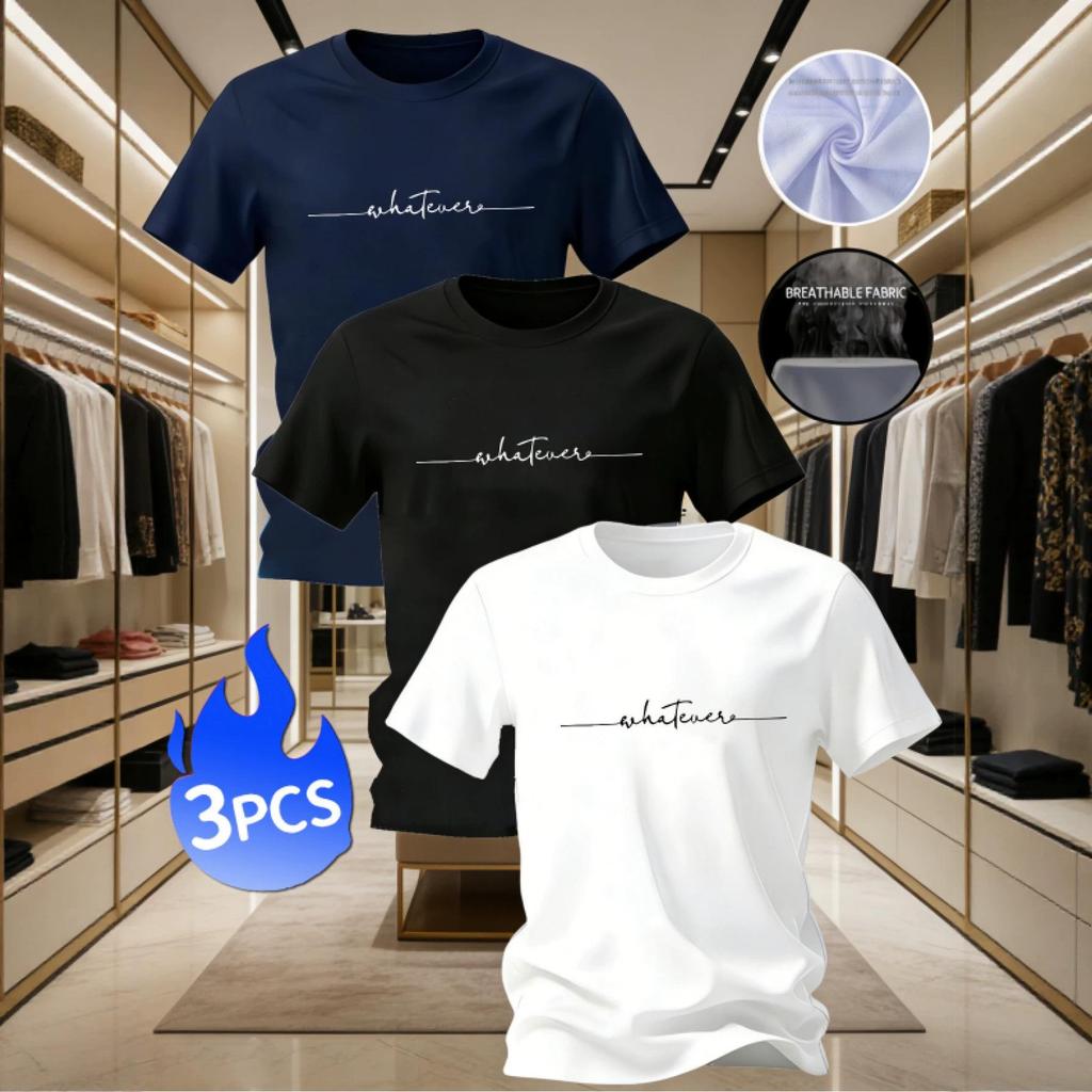 Men's European Size Bird's Eye Knit T-Shirt Set - Plain, Breathable, Quick-Dry, Short Sleeve, Round Neck, 3 Pieces