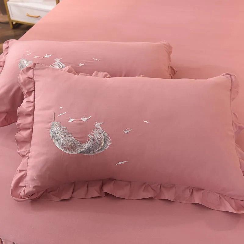 4pcs/set Korean Feather Embroidered Bed Skirt Bedding Set Female Princess Style Solid Color Double Sheet Quilt Cover Pillowcases Set