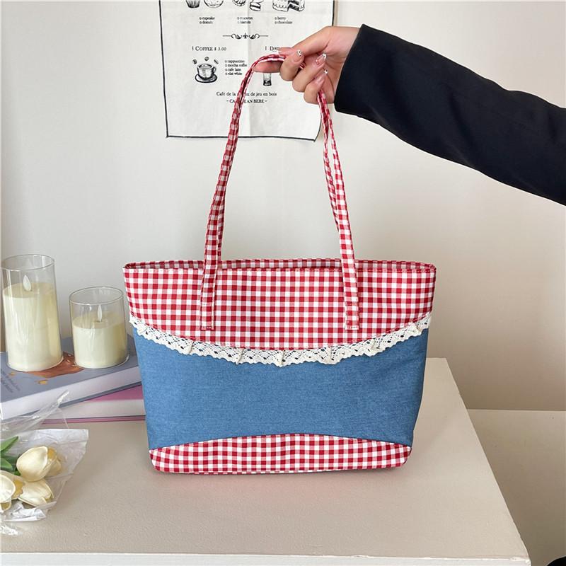Lace lace handbag contrasting color plaid handbag large capacity shoulder commuting out tote bag