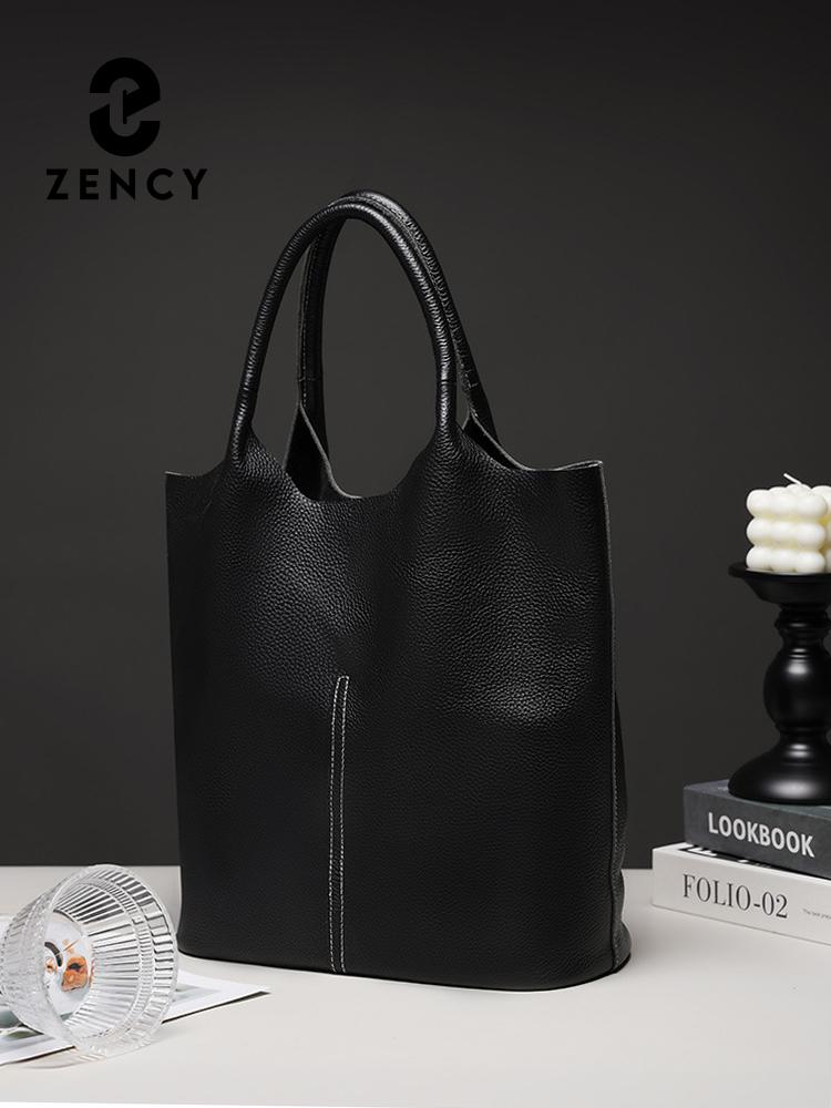 Zency Μαλακή Γνήσια Δερμάτινη Γυναικεία Τσάντα Tote Χειρός Κλασική Κομψή Μπλε Μεγάλης Χωρητικότητας Shopper Σύνθετη Τσέπη Γκρι Πορτοφόλι 2024