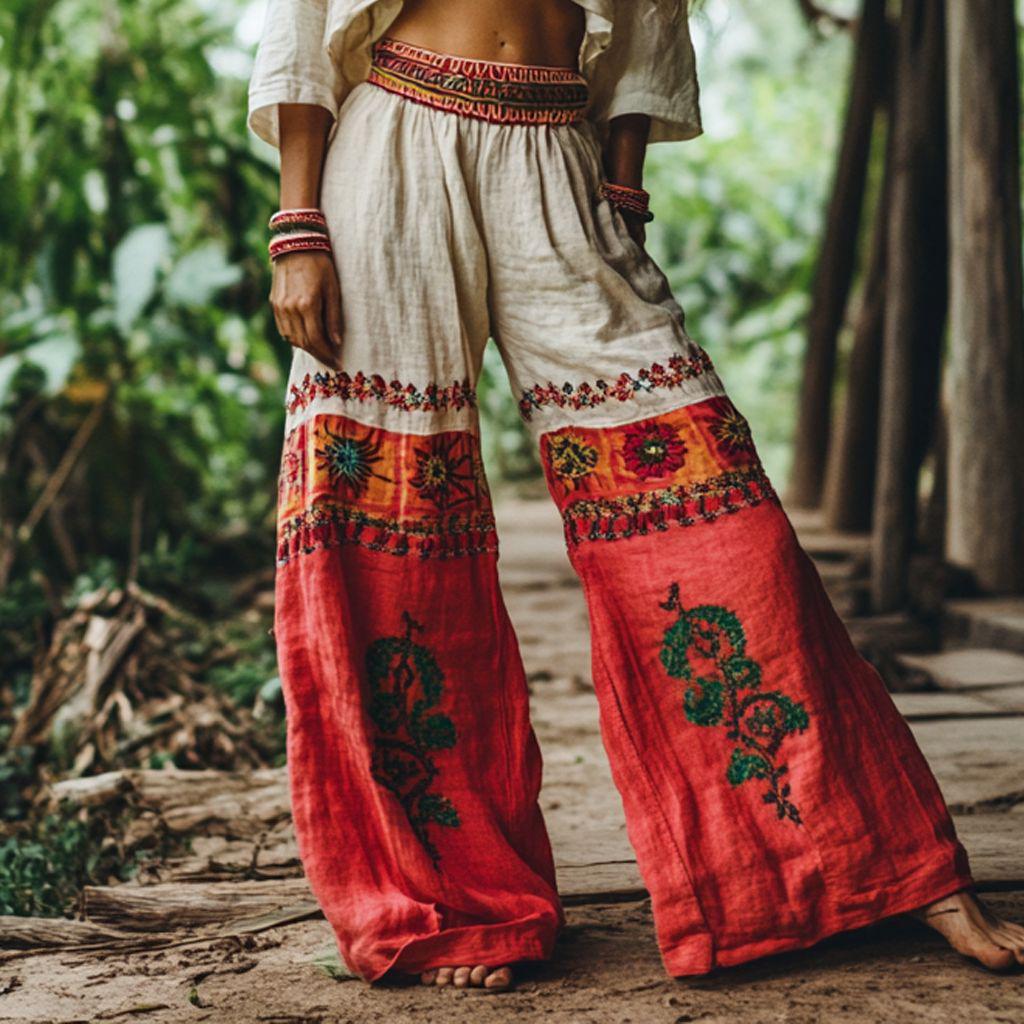 2026 Retro Print Wide Leg Long Pants - European & American Fashion Small красный