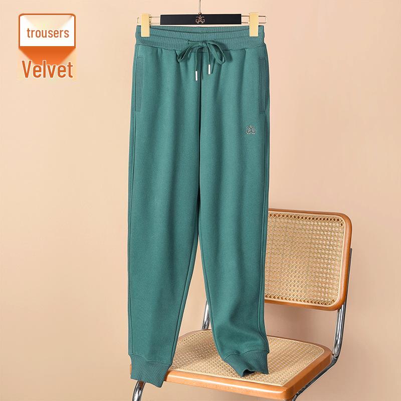 Women's Dark Green Slim Cotton Sweatpants - Warm, Casual, Plus Velvet Autumn/Winter 2025