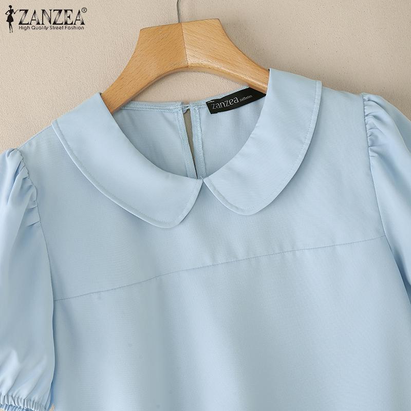 ZANZEA Women Casual Doll Collar Solid Color Short Sleeve Blouse