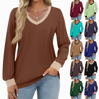 Women's Fashion Casual Long Sleeve Color Block Shirt Women's V-Neck Tops