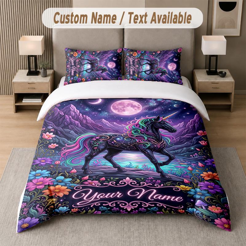 Unicorn Theme Custom Text Or Name 3Pcs Bedding Set 1 Flat Sheet & 2 Pillowcases Personalized Home Bedding