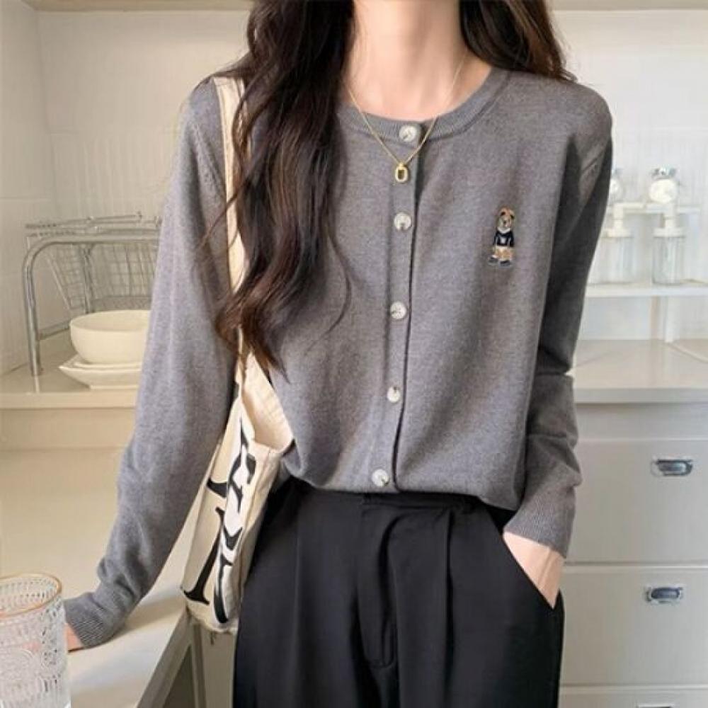Navava Simple Bear Embroidery Long Sleeve Knit Cardigan Nk1997