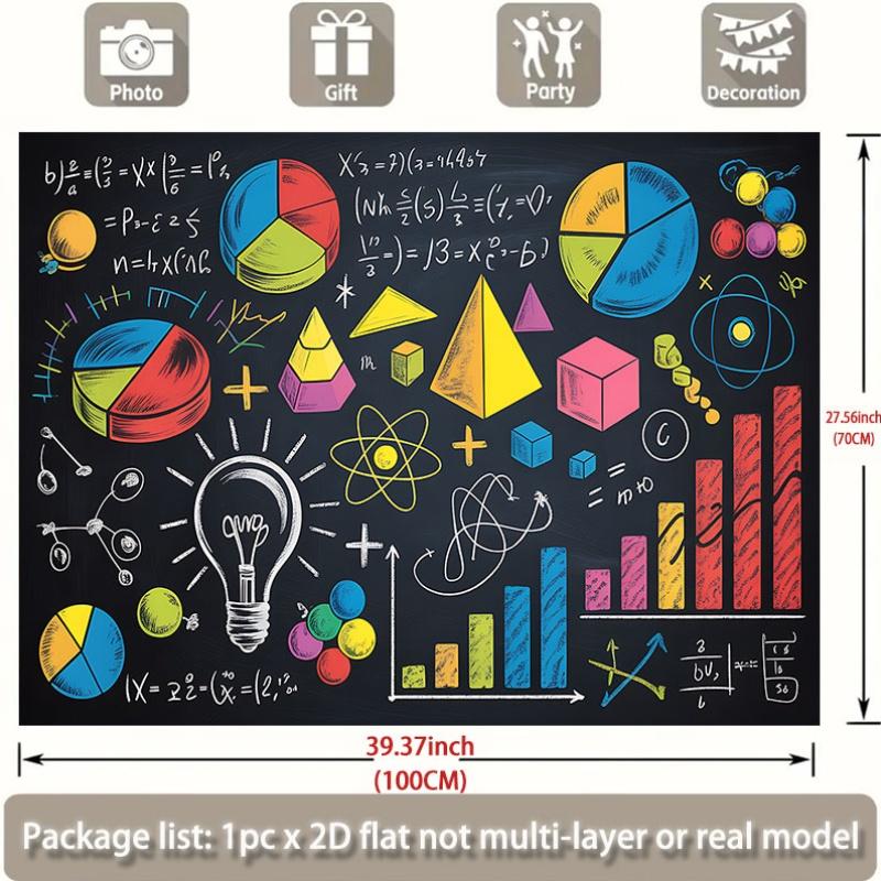 One piece, 2D flat banner, designed in the form of a blackboard, featuring mathematical and scientific symbols