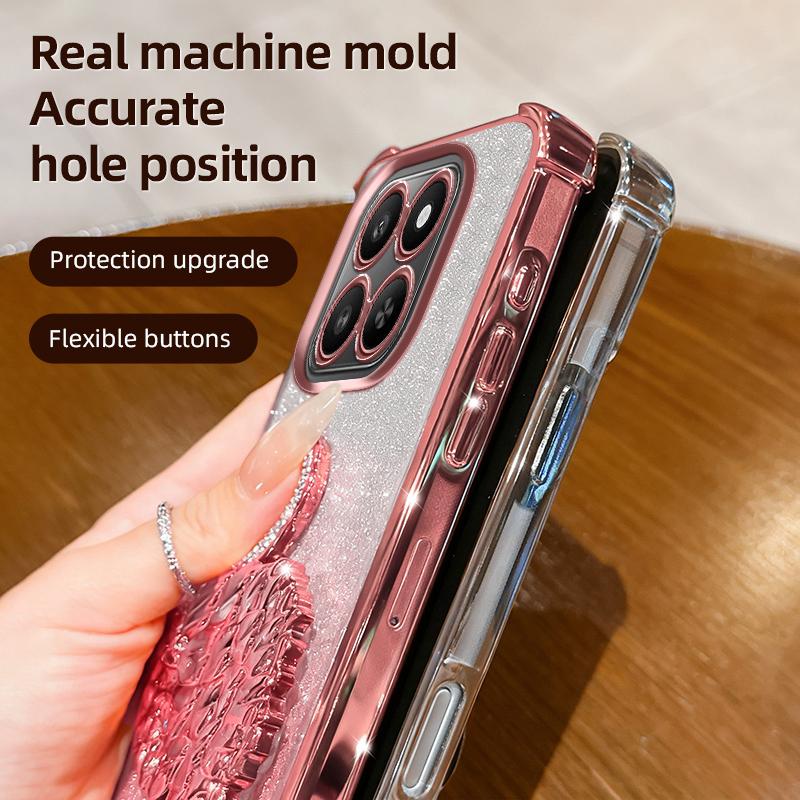 KEYSION Shockproof Plating TPU Phone Case for HONOR X7d 5G Glitter Jewelled Swan kickstand Back Cover for Honor 400 Smart 5G