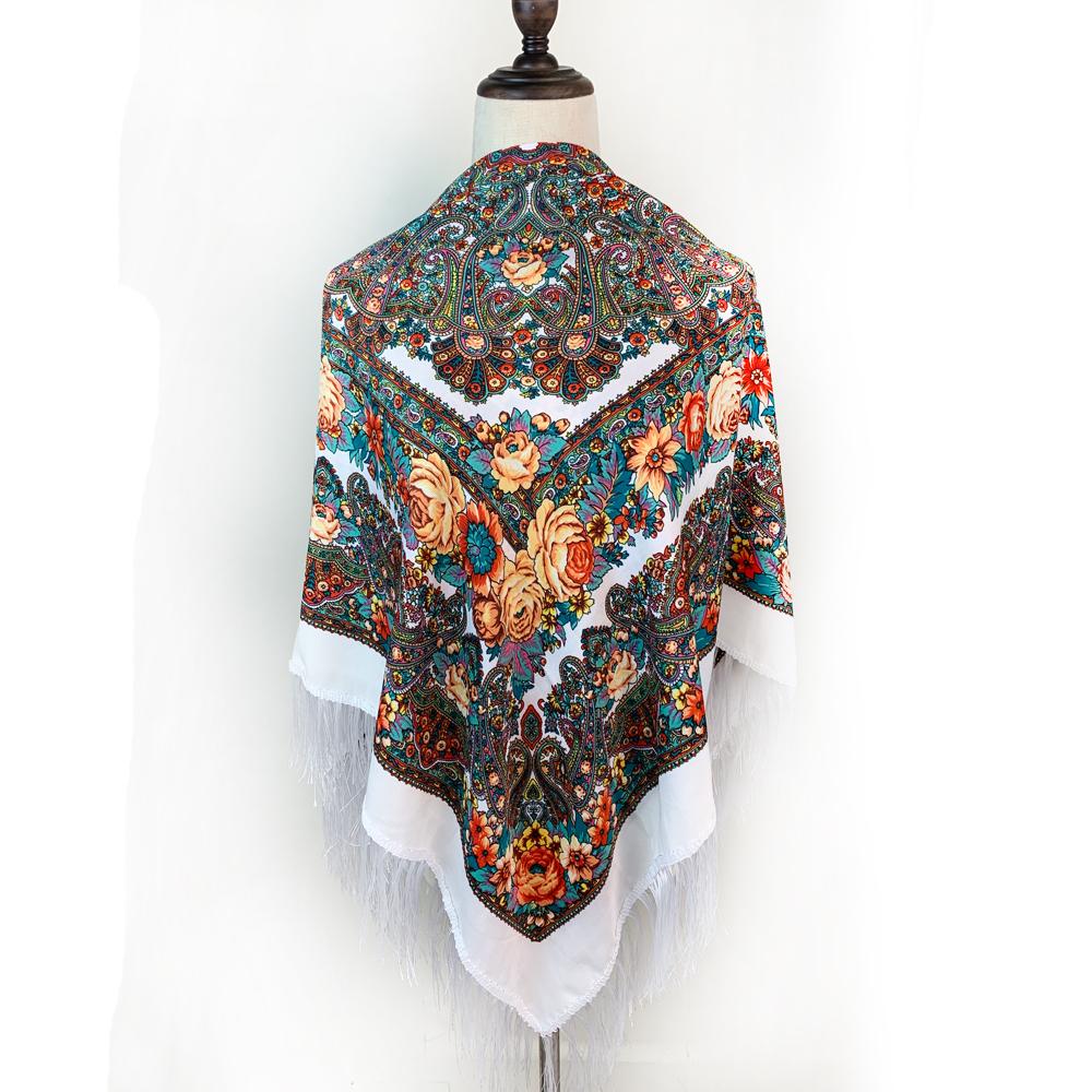 130*130cm Russian National Square Scarf Women Luxury Floral Print Fringed Ukrainian Shawl Babushka Handkerchief Head Wraps