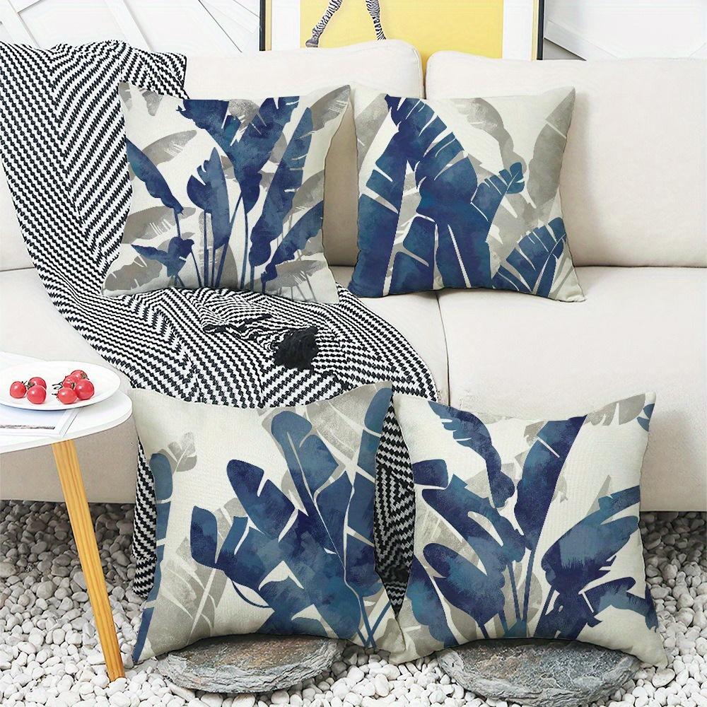 4 fundas almohada mornas con estampado hojas tropicales y cremallera - Decoración azul marino y botánica, fundas poli
