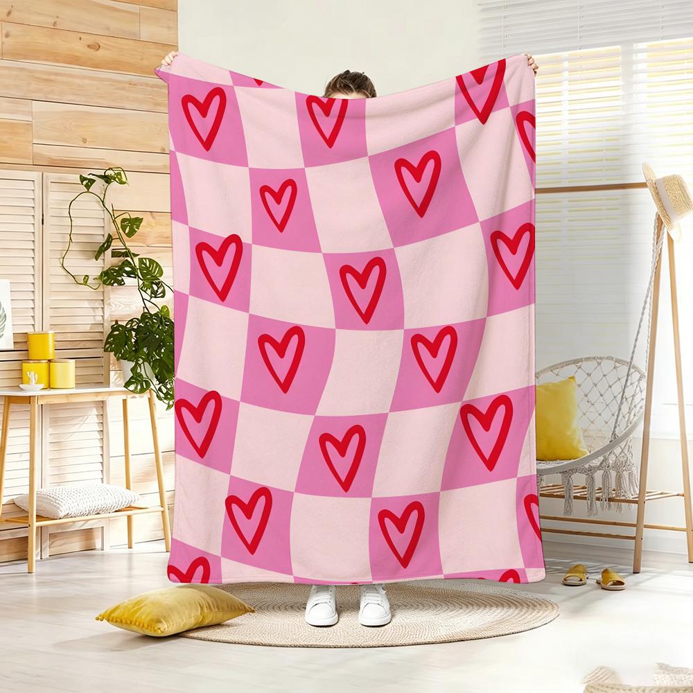 Y2K Heart Check Throw Lightweight 240g Flannel Blanket Soft Skin-friendly for Summer Cooling
