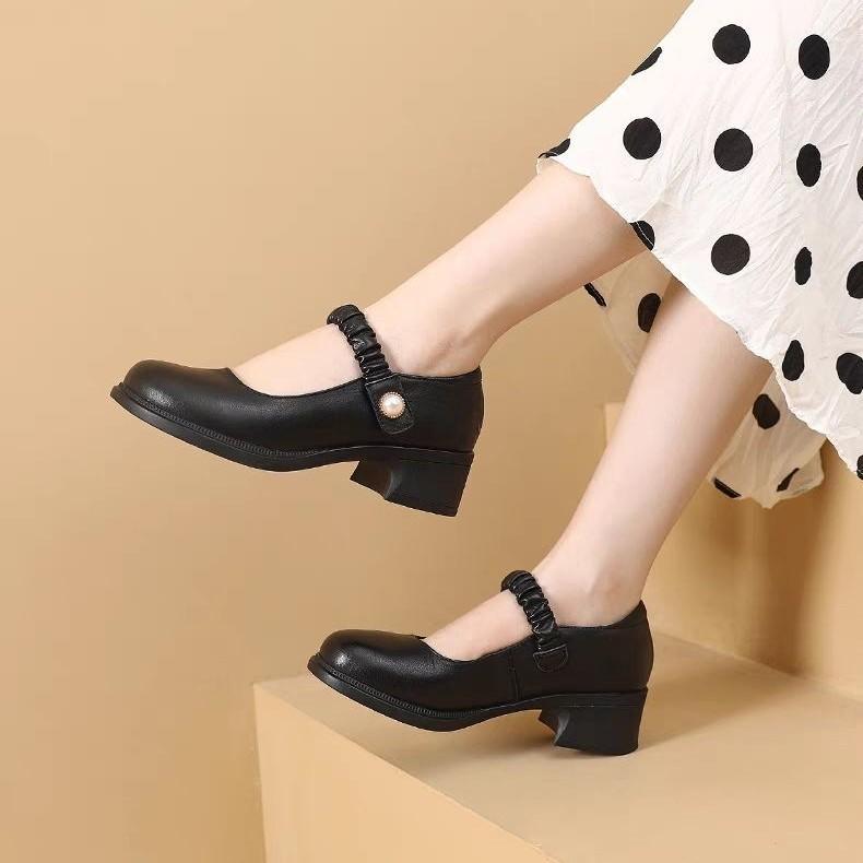 

Summer new single shoes women s soft-soled Mary Jane shoes are comfortable with skirts women s shoes shallow-mouth mid-heel soft leather round head le 40 чёрный