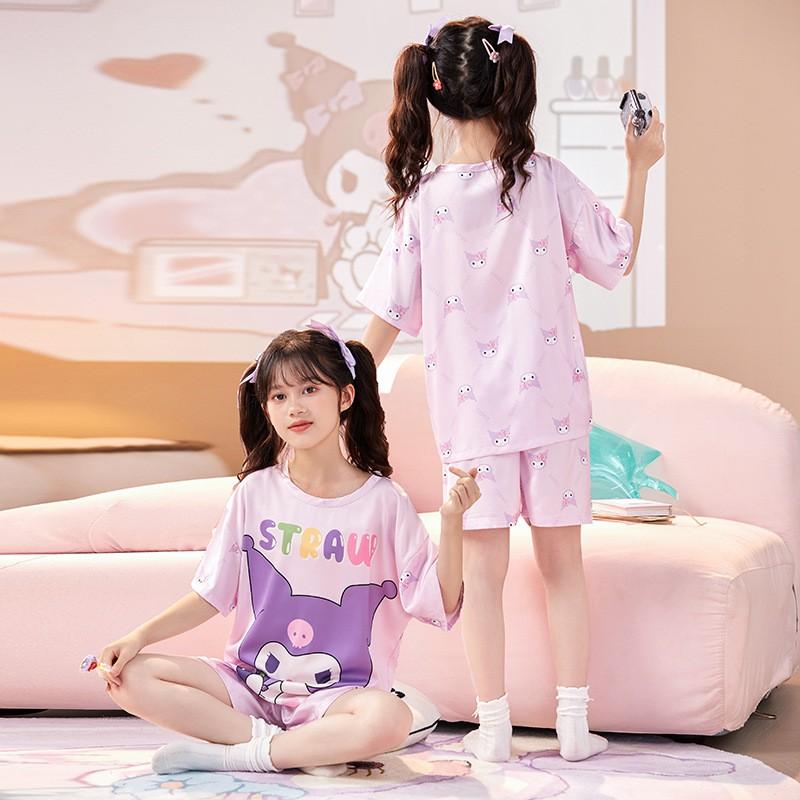 Girls Pajama Set Short Sleeve Ice Silk Sleepwear Kids 8 Years Comfortable Cartoon Print Home Wear
