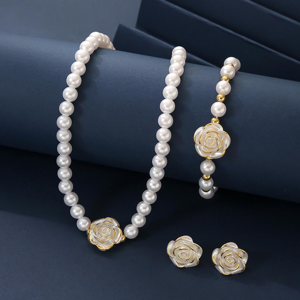 Ladies Pearl Camellia Necklace & Bracelet & Ear Stud Jewelry Set