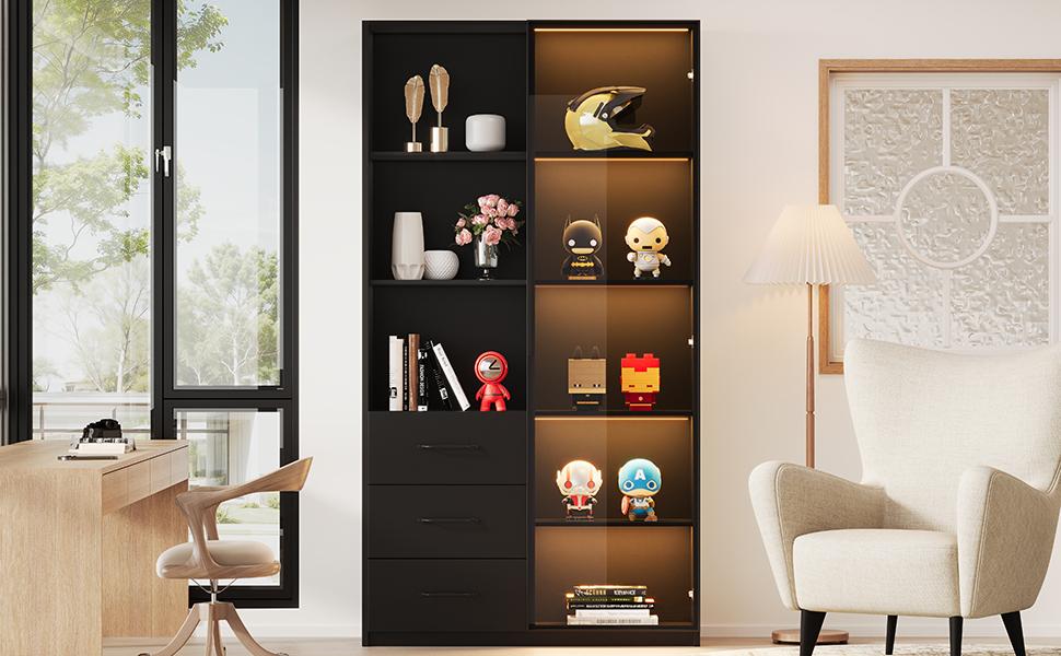 LED Display Cabinet 80 X 40 X 160 Cm - Bookcase with Tempered Glass Door and LED Lighting, 3 Drawers and 3 Open Compartments, Multicolor LEDs