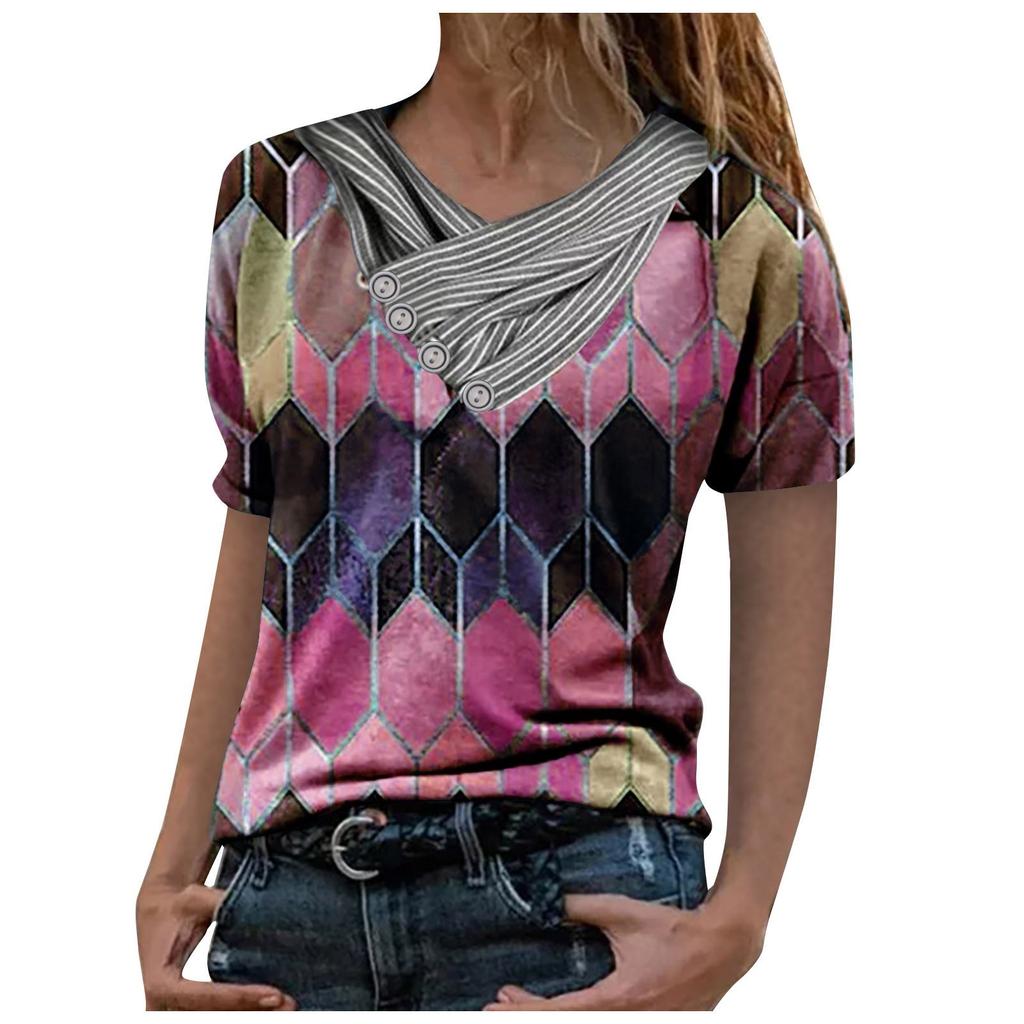 Women Tie-dye Printed Embroidery Collar Splicing Sleeve Pullover Blouse Tops