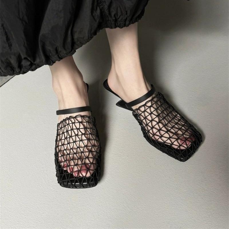 

Летние новые любимые нишевые дизайнерские полушлепанцы-сетка, плетеные, ажурные, особой формы и на высоком каблуке, уличные тапочки для женщин 39 чёрный