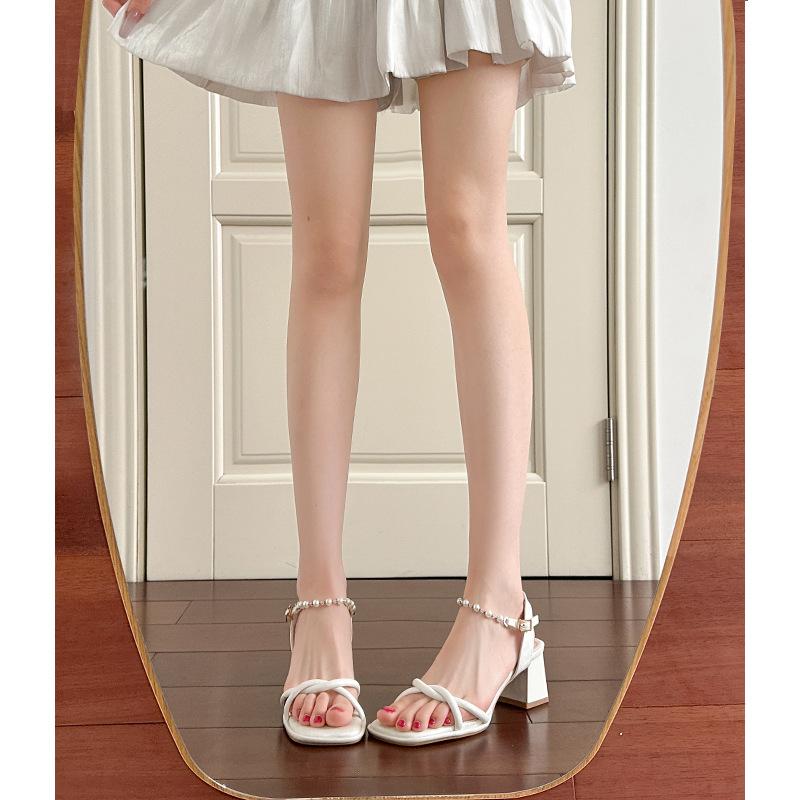 

High-heeled sandals women s summer shoes versatile one-word thick-heeled pearl sandals women 34