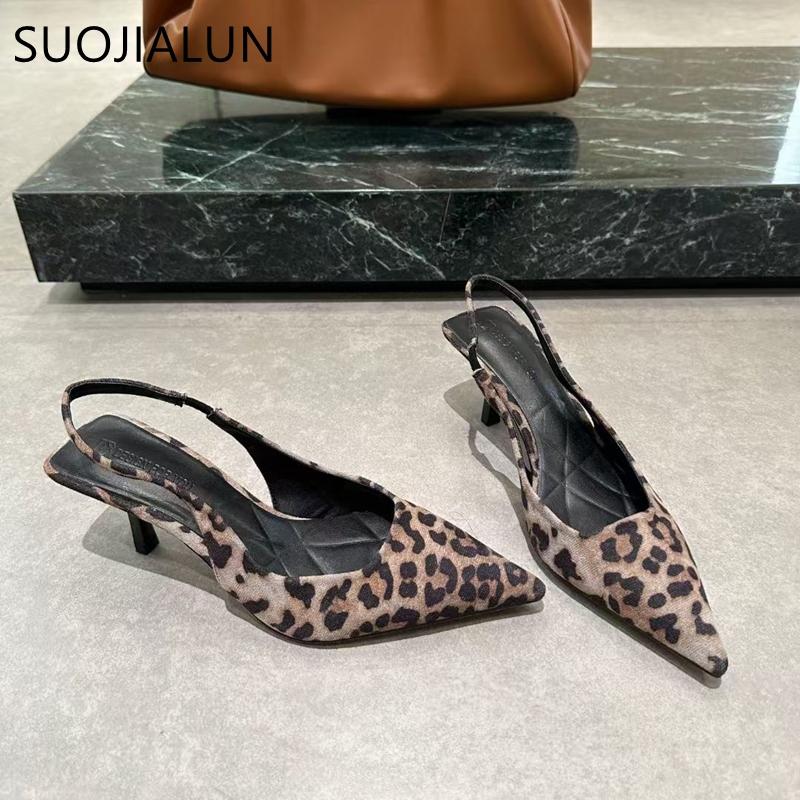 Fashion SUOJIALUN 2025 Spring Brand Women Sandal Fashion Leopard Print Ladies Elegant Slingback Shoes Pointed Toe Thin High Heel Pumps