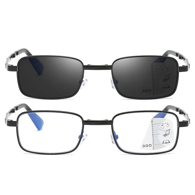 Portable Folding Square Reading Glasses for Women Men Vintage Outdoor Color Changing Hyperopia Eyewear Finished Bifocal Glasses