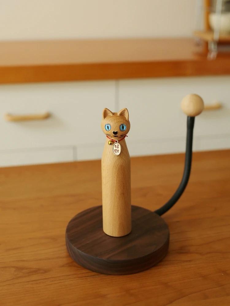 

For Black Walnut Cat-Shaped Paper Towel Holder Creative Wooden Desk Decor Solid Wood Kitchen Accessory Included Napkin Holder