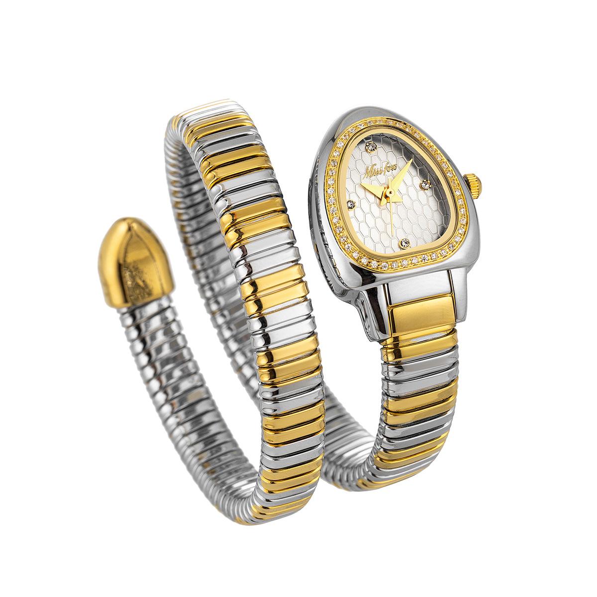 

Женские модные кварцевые часы с золотым браслетом Serpentine, элегантные часы с циферблатом в виде головы змеи, украшенные бриллиантами, изысканные женские часы для подарка на праздник белый/золотистый