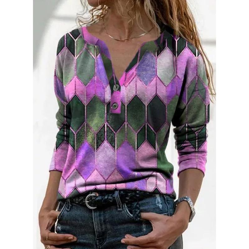 

Summer New Long-sleeved Digital Printed V-neck Pullover Long-sleeved Loose Bottoming Shirt T-shirt for Women S фіолетовий