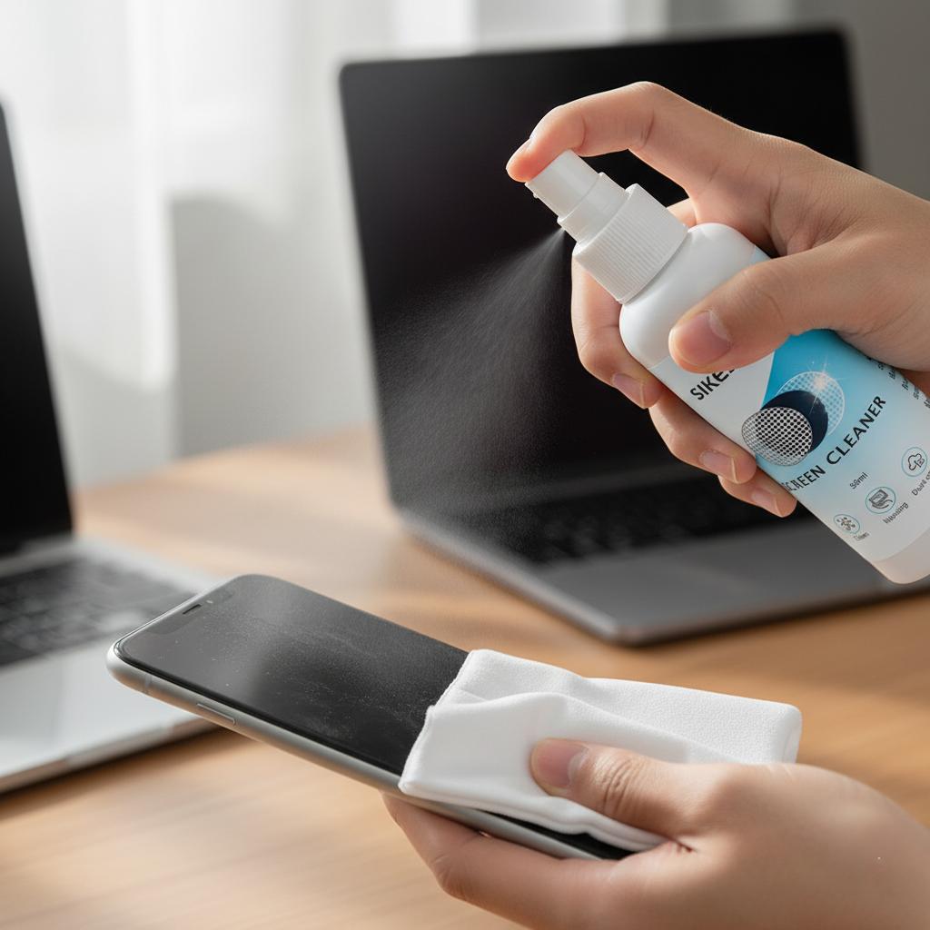 Conjunto Spray Limpador de Tela + Pano de Polimento 50ml, Sem Marcas para Telefone/Tablet/Laptop/Monitor, Remove Impressões Digitais, Óleo e Pó