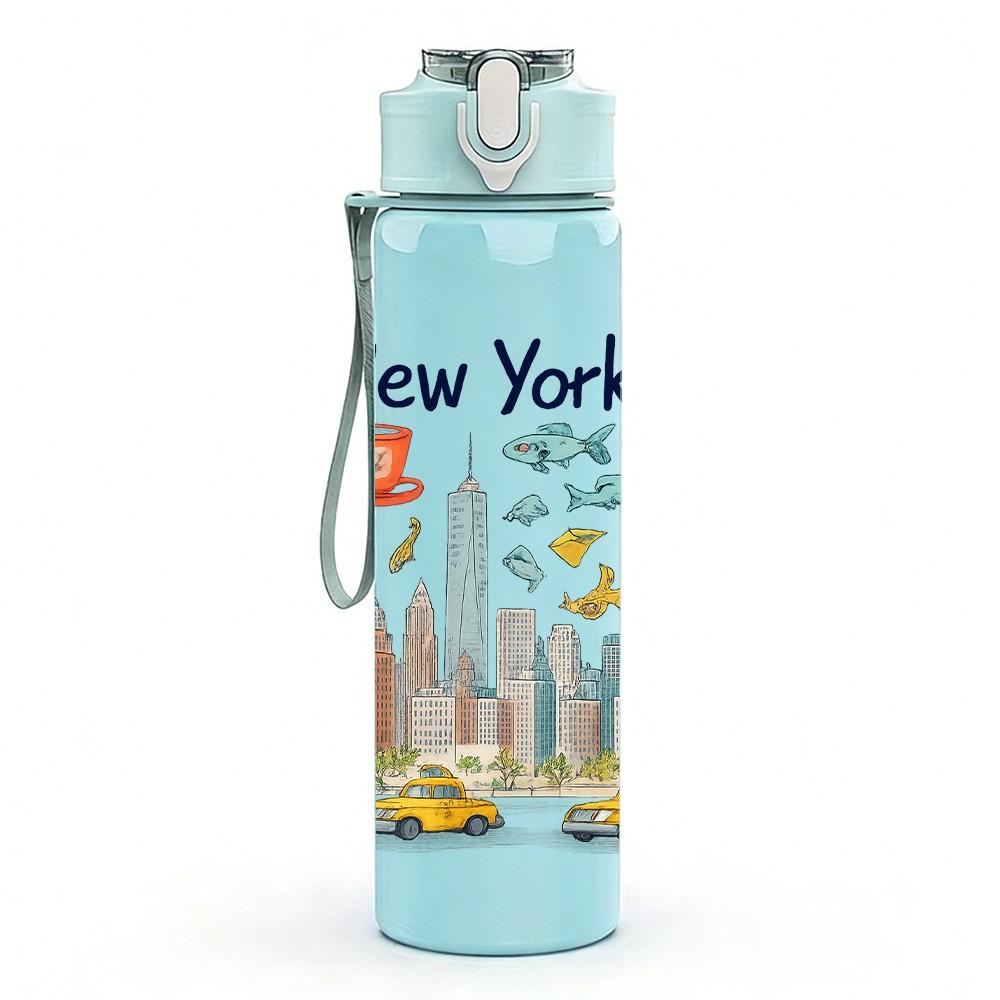 1PC New York Sun Cityscape Art 750ml Color Plastic Sports Water Bottle Leakproof Flip Straw Lid Suitable for Sports Office Home Use