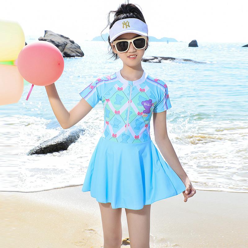 

2024 Korean Style Girls Sweet Print One-Piece Swimsuit - Fragrant Style, Conservative Design for Hot Spring. 3XL синий