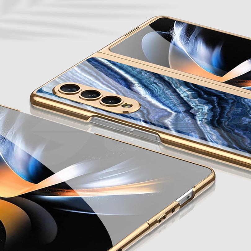 Luxury Plating Frame Case For Samsung Galaxy Z Fold 4 5G Painted Pattern Tempered Glass Hard Cover For Galaxy Z Fold5 4 3 Case
