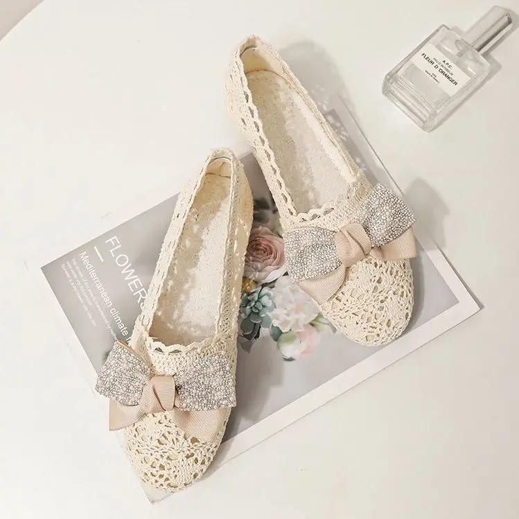 Fashion Women's Flat Shoes Net Hollow With Bow Heel Slip On Social Elegant and Fashionable 39 Quick Delivery Chic Shoe Ladies Footwear