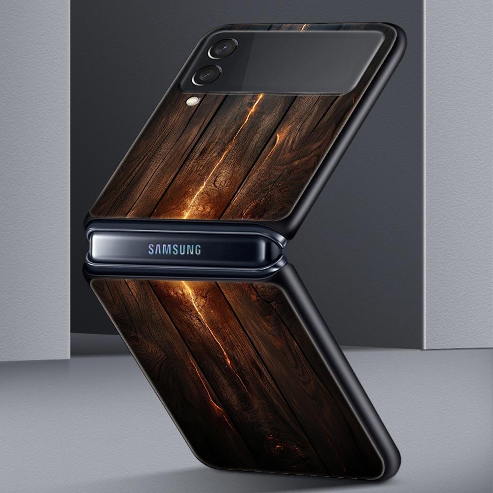 Luxury Vintage Wood Grain Pattern Hard PC Phone Case For Samsung Galaxy Z Flip 7 6 5 4 Black Cover For Galaxy Z Flip 3 Foldable