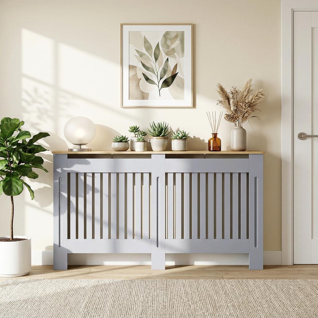 Slatted Radiator Cover Painted Cabinet With Line Grill Design 172L * 19W * 81H Cm Grey