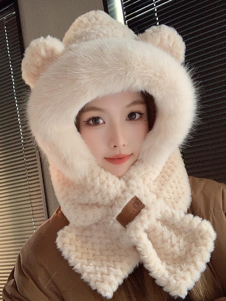 Cute bear ears hat scarf integrated women's winter plush thickened cycling cold protection scarf ear protection cap
