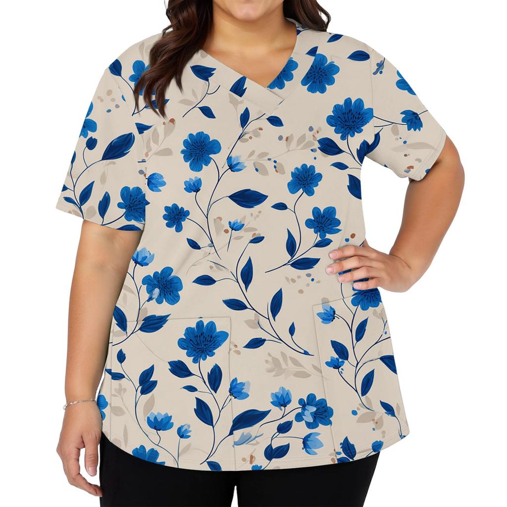 Modisches Damen-Arbeitsoberteil mit V-Ausschnitt und kurzen Ärmeln, mit doppelseitigen Schlitzen und Taschen, mit einem Retro-Blumendruck.