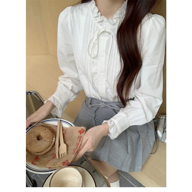 White Embroidered Earrings Lace-up Stand-up Collar Shirt for Women Spring and Autumn Chic French Retro Long-sleeved Inner Top