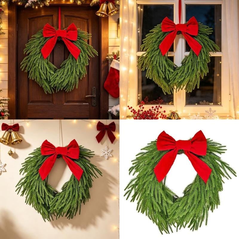 Christmas Bowknot Wreath for Door Entrances, 19.7Inch Plastic Silk-Like Fabric Wreath Hanging Decoration for Wall and Window
