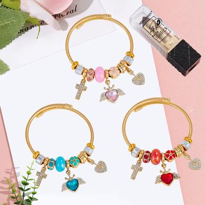 Wind Motion Diamond Heart Beaded Bracelet DIY Trendy Stainless Steel Bangle with Cross Pendant for Women Girls