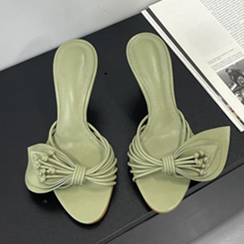 Designer Women Green Leaf Narrow Band Summer Slipper Sandal Street Fashion Open Toe Mules Thin Low Heels Party Dress Shoes