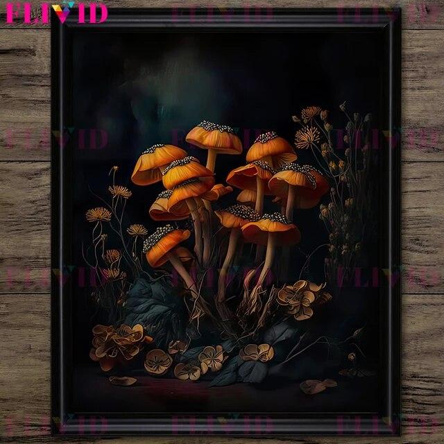 Dark Forest Mushroom And Vintage Pink Roses Vintage Wall Art Print Dark Botanical Witchcraft Gothic Art Poster Print Decoration No Frame