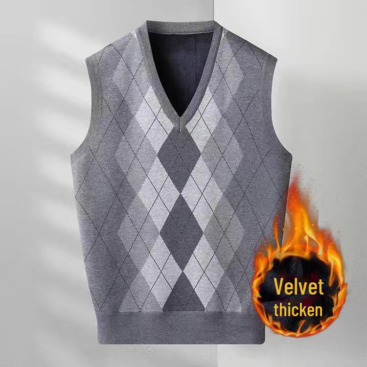 Herre høst/vinter pluss fløyels V-hals Diamond Jacquard genservest
