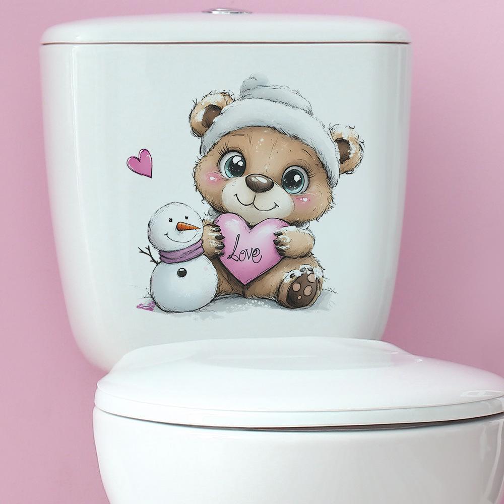 Baby Bear Heart Snowman Toilet Wall Sticker Self-Adhesive Removable Bathroom Cute Home Decor Art