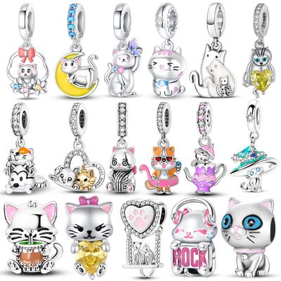 Charms Original Copper Yellow Heart Moon Zircon Cat Pendant Bead Fit Bracelet Women Jewelry Diy Fine Gift Accessories