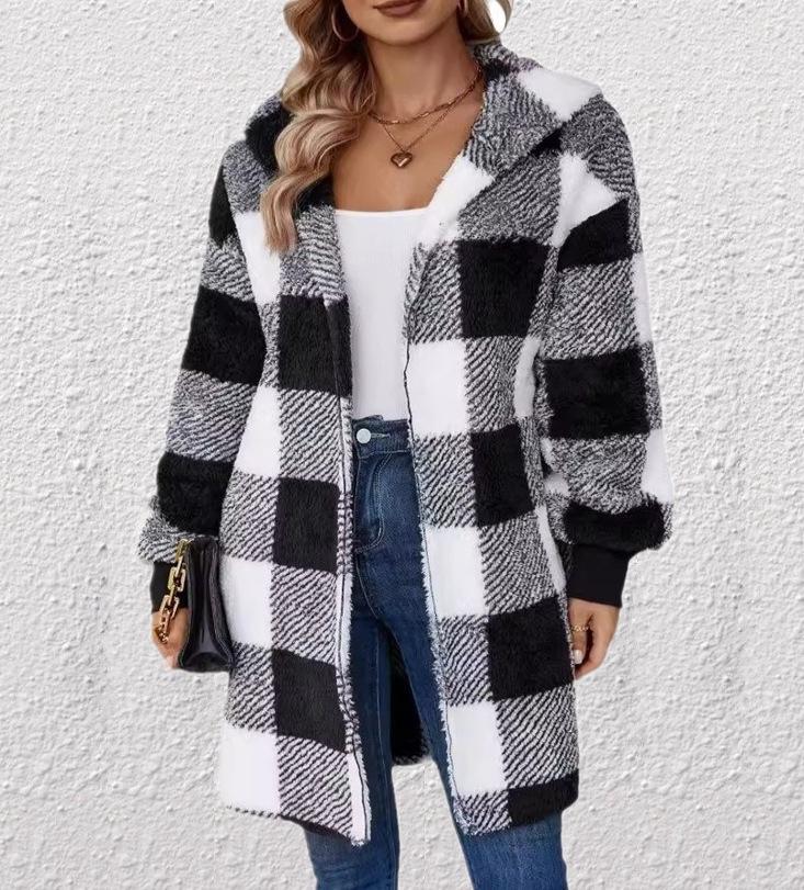 Women's Stylish Plaid Hooded Knitwear Top - Long Sleeve Elegant Autumn Sweater
