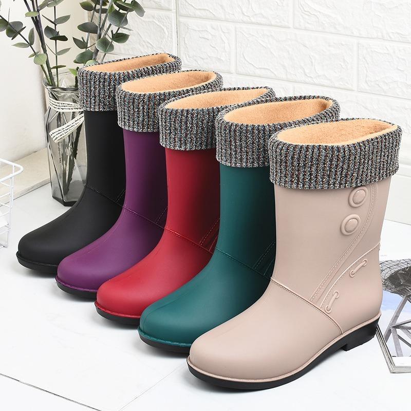 Fashion Velvet Rain Shoes Women's Warm High School Rain Boots Winter Solid Color Low Heel Non-slip Snow Boots Going Out, Rubber Shoes